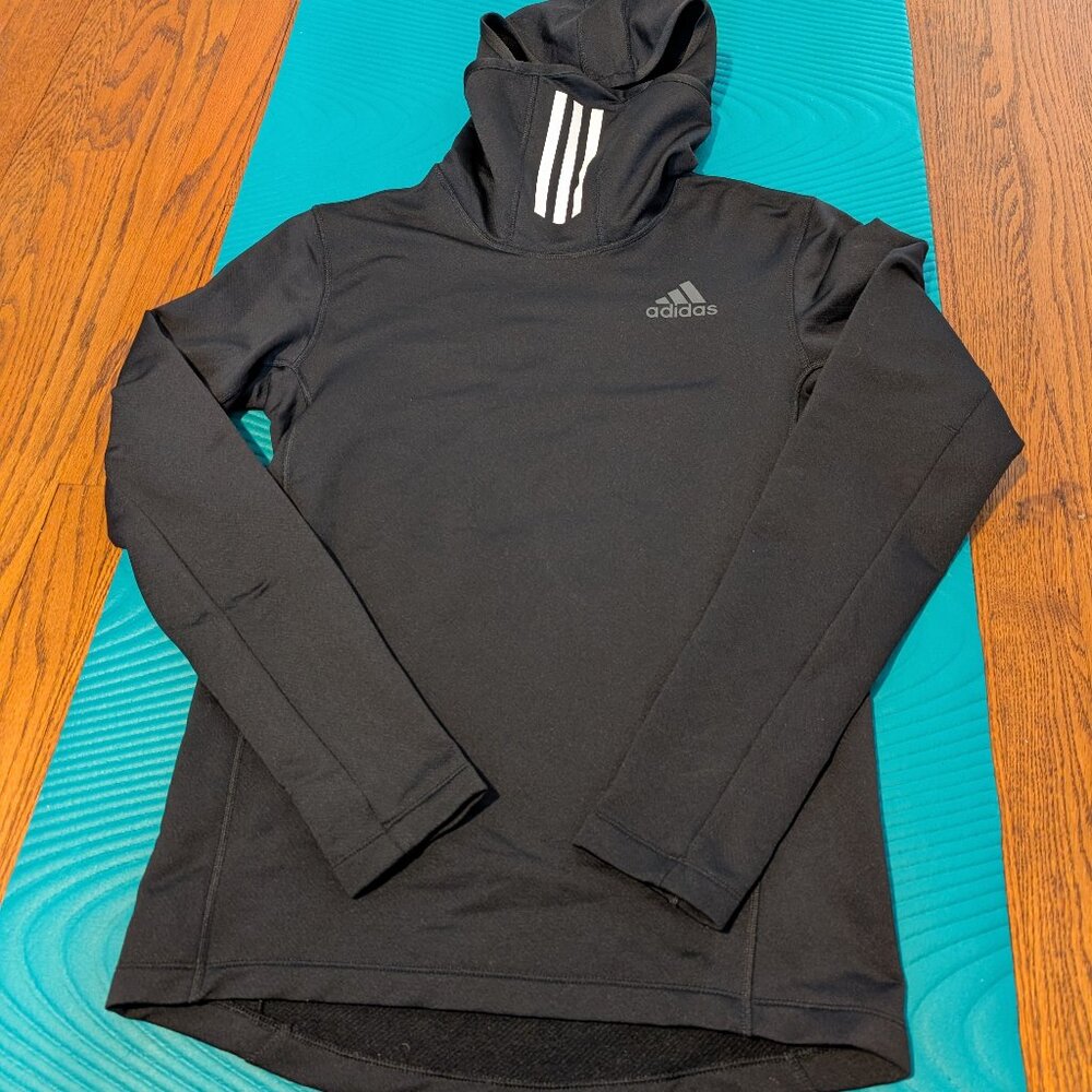 Long Black Adidas Winter Athletic Hooded Top Small